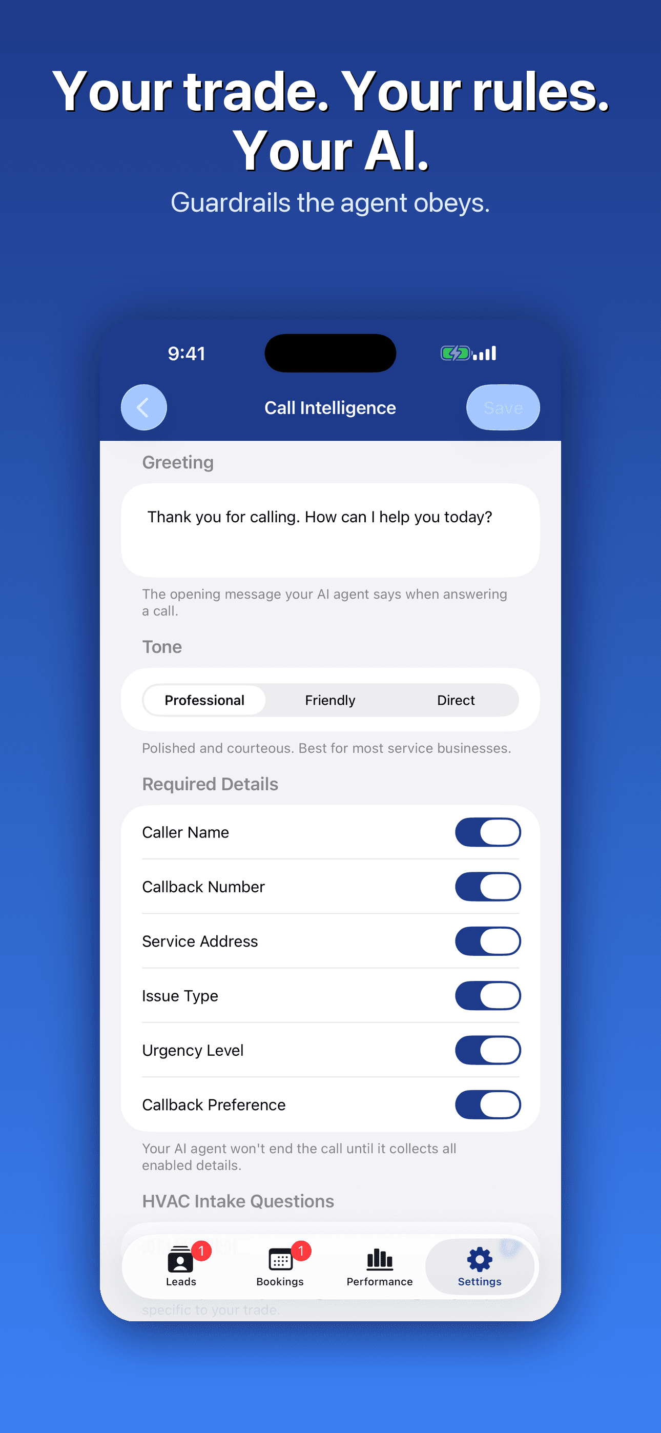 Call Intelligence — agent guardrails screen